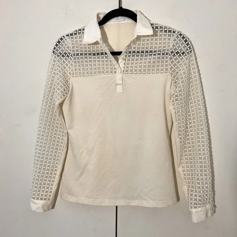 Anne Fontaine Top Size 40 Ivory Eyelet Sheer Lattice Long Sleeve Quiet Luxury